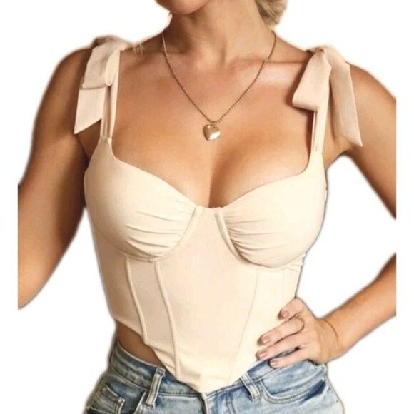 None Tops - Tie Shoulder Crop Bustier Corset Top  Size XS Parthea Padded Coquette Soft Girl